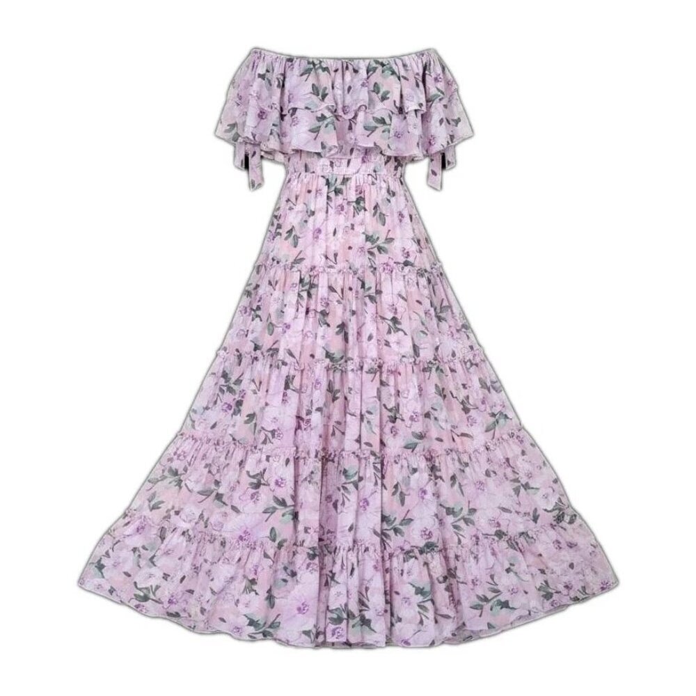 Lulus Chance For Us Maxi Dress Sz L Pink Floral Chiffon Off Shoulder Ruffles New - Picture 5 of 13